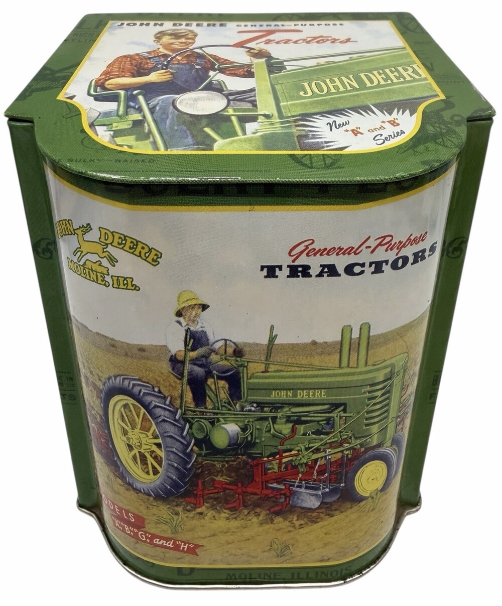 John Deere Tractor Collectible Metal Tin Storage Box Slope Hinged Lid Farm Decor